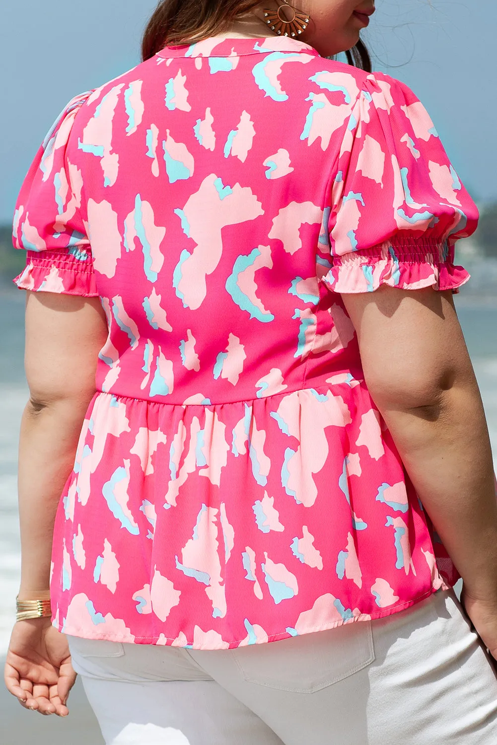 Abstract Rose Print V Neck Blouse with Puff Sleeves