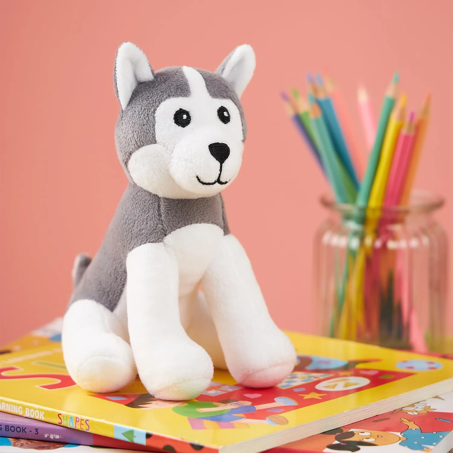 Amazon Brand - Jam & Honey Husky Dog, Plush/Soft Toy for Boys, Girls and Kids, Super-Soft, Safe, Great Birthday Gift (Grey and White, 17 cm)