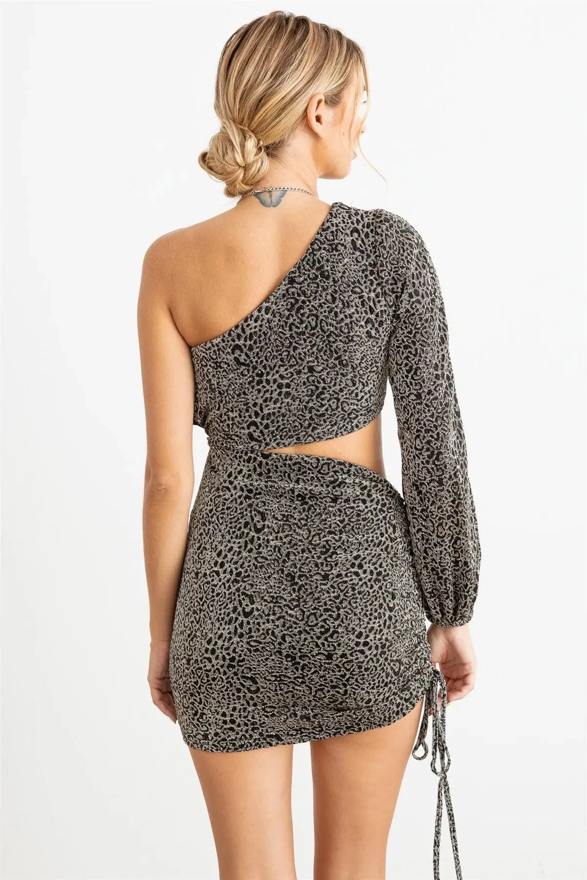 Animal Print One Shoulder Cut-Out Ruched Dress /2-2-2