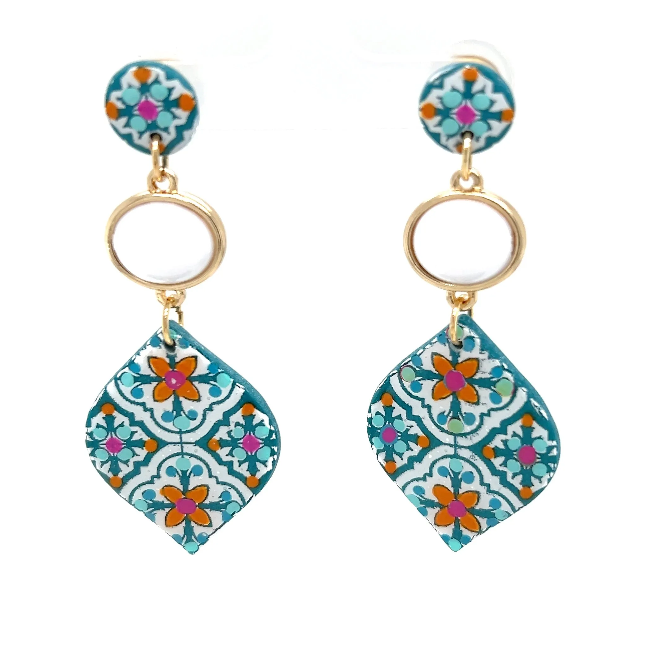 Blue & Orange Dangle Earrings With Tile Detail Large
