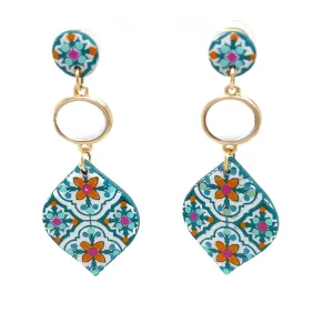 Blue & Orange Dangle Earrings With Tile Detail Large