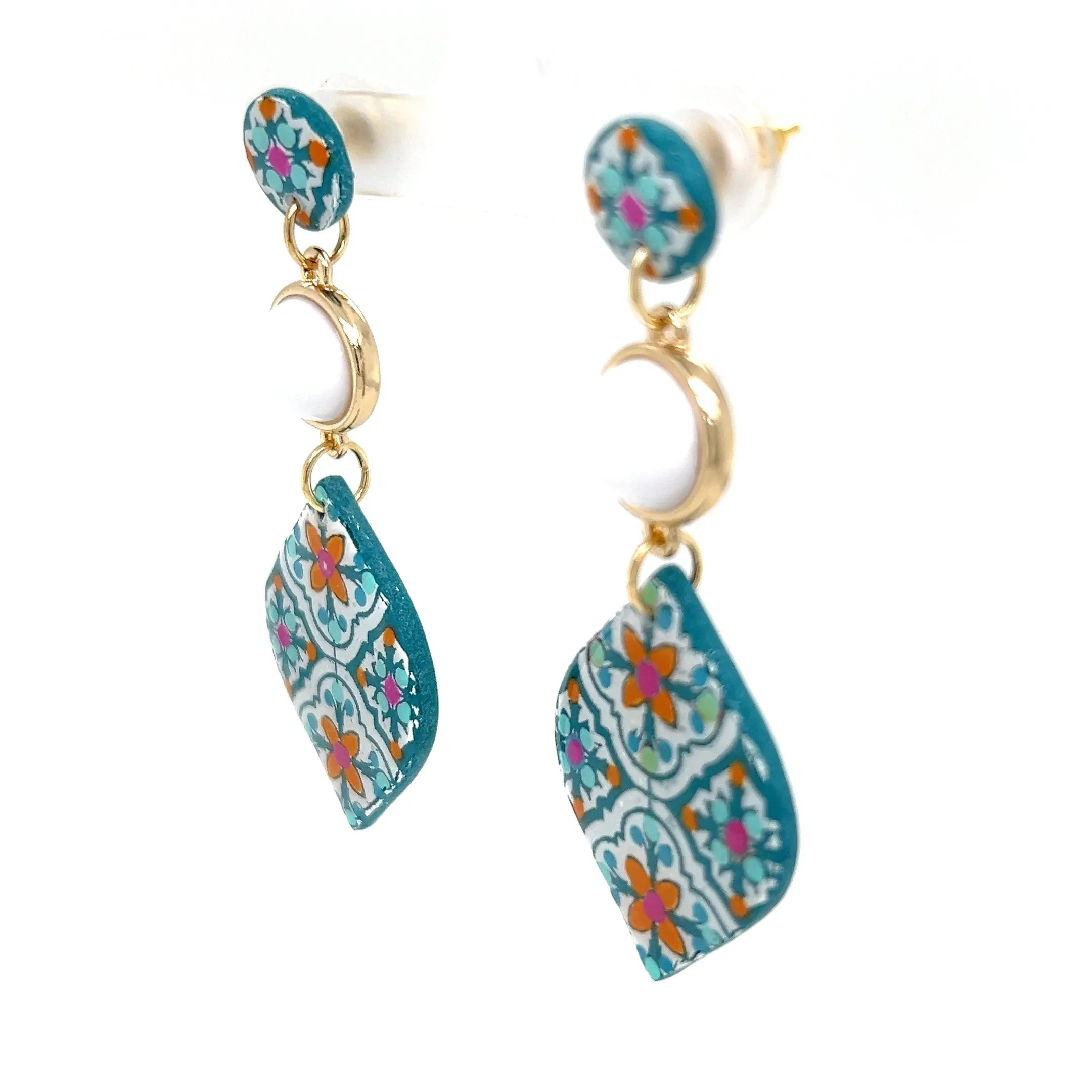 Blue & Orange Dangle Earrings With Tile Detail Large