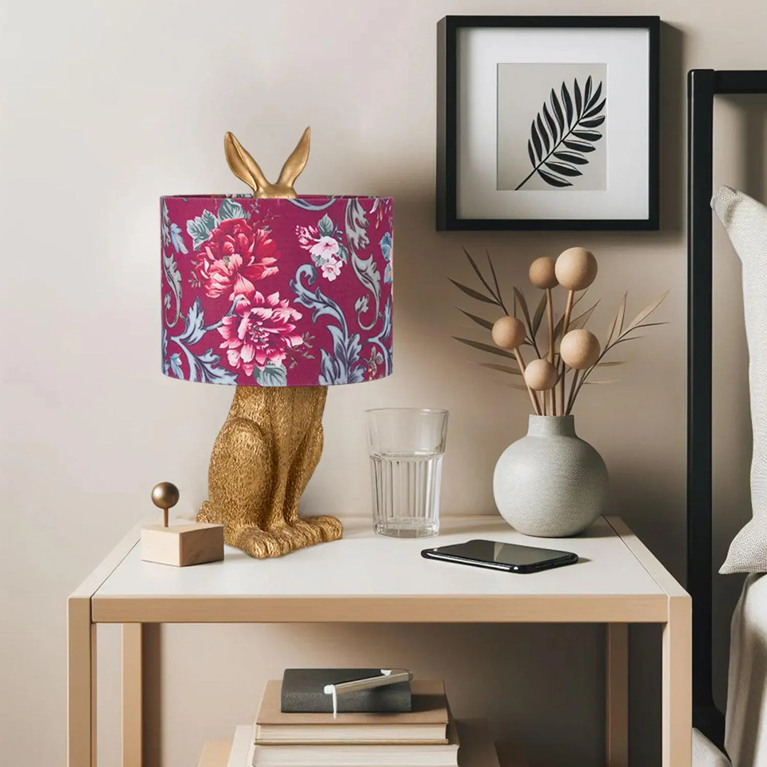 Caroline Charming Thistle, Resin Table Lamp - Gold, Red Floral Cloth Shade, 450mm High, PL0300