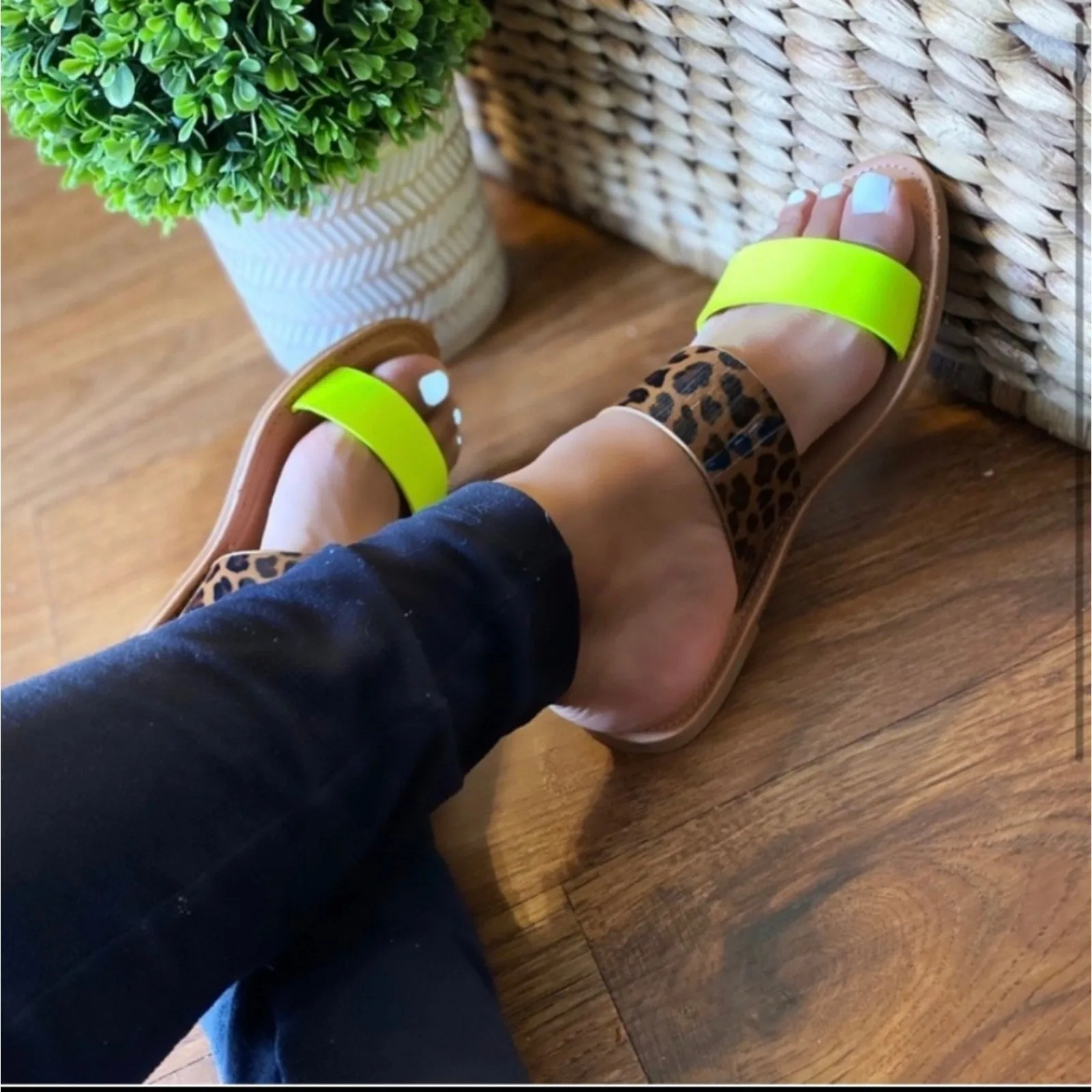 Double Straps Neon Yellow Slides - 8