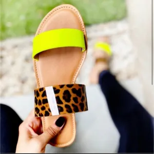 Double Straps Neon Yellow Slides - 8