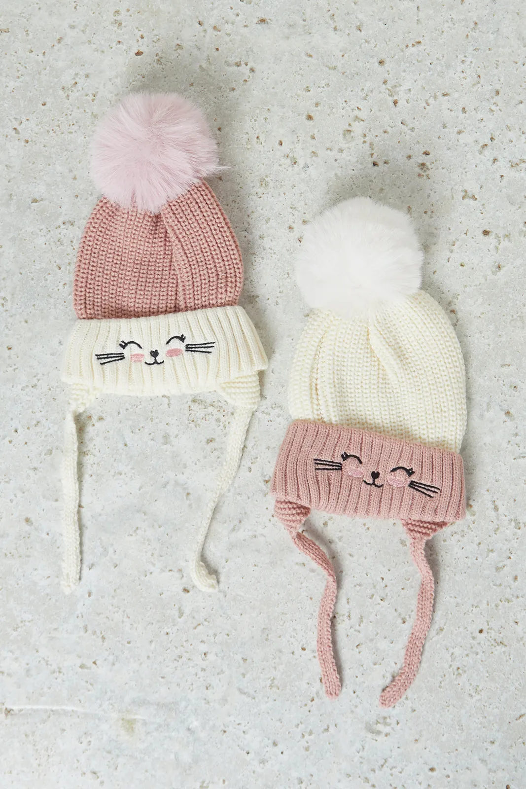 Girls White And Pink Embellished  Icecap Set Of ( 2 Piece)