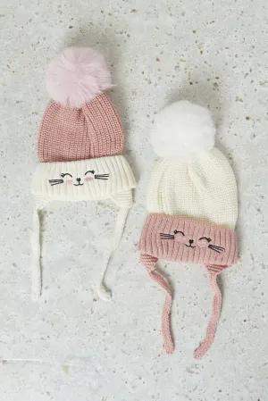 Girls White And Pink Embellished  Icecap Set Of ( 2 Piece)