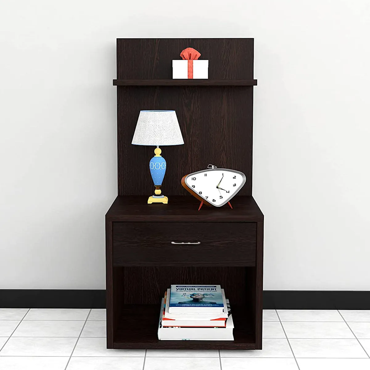 Kawachi Engineered Wood 2 Storage Shelf with Drawer Sofa Side Bedside Table with Open Cabinet Nightstand End Table Wenge Brown