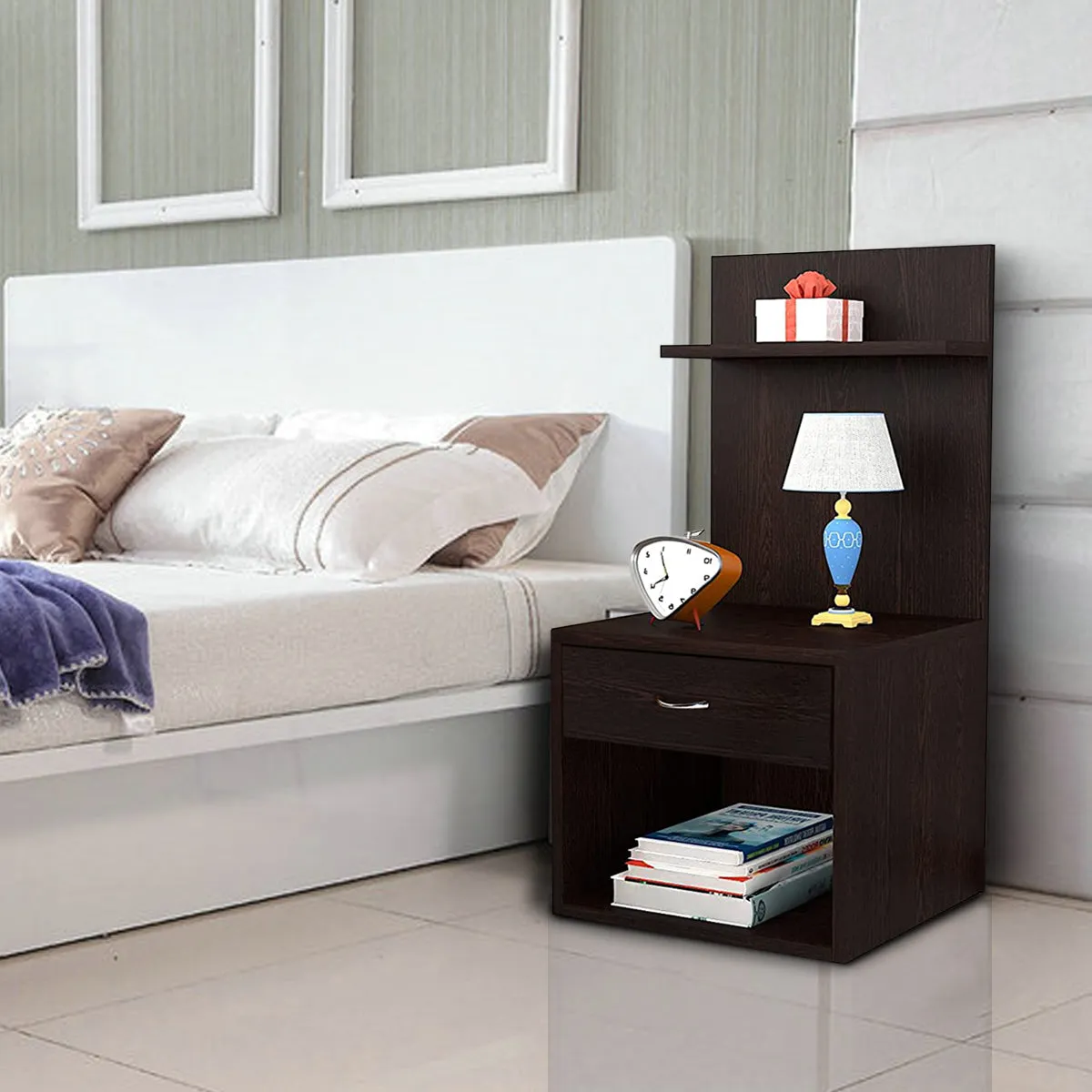 Kawachi Engineered Wood 2 Storage Shelf with Drawer Sofa Side Bedside Table with Open Cabinet Nightstand End Table Wenge Brown