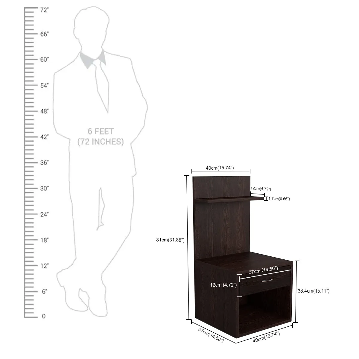 Kawachi Engineered Wood 2 Storage Shelf with Drawer Sofa Side Bedside Table with Open Cabinet Nightstand End Table Wenge Brown