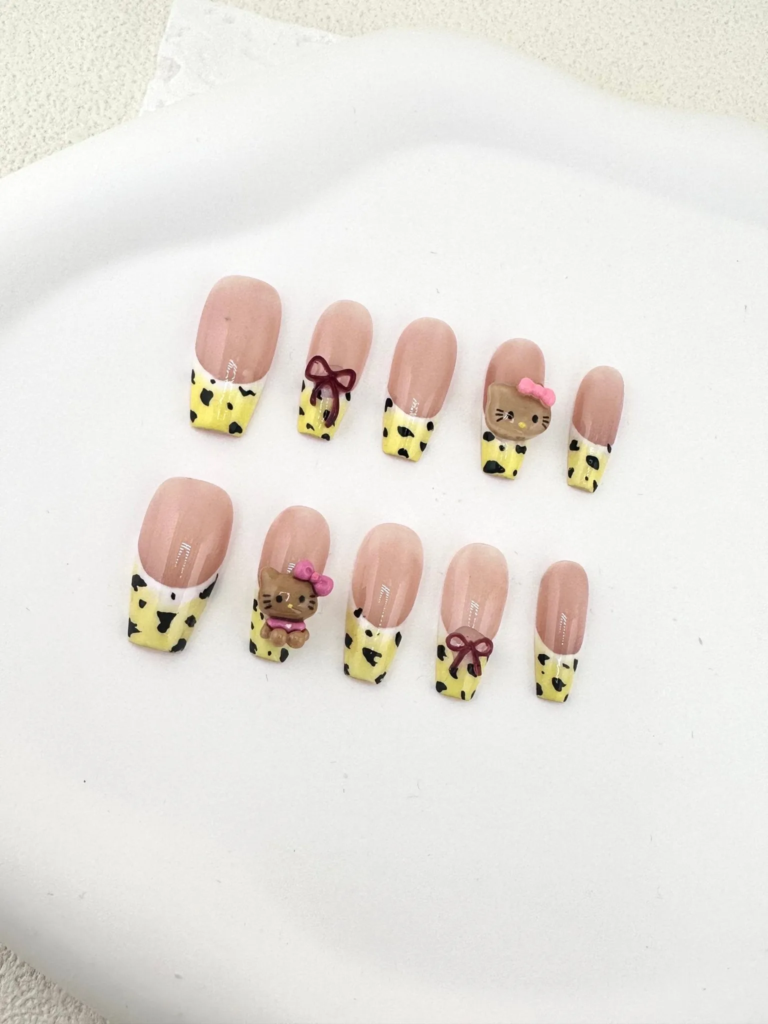 Leopard Bow Kitty Trapezoid Press-On Nails