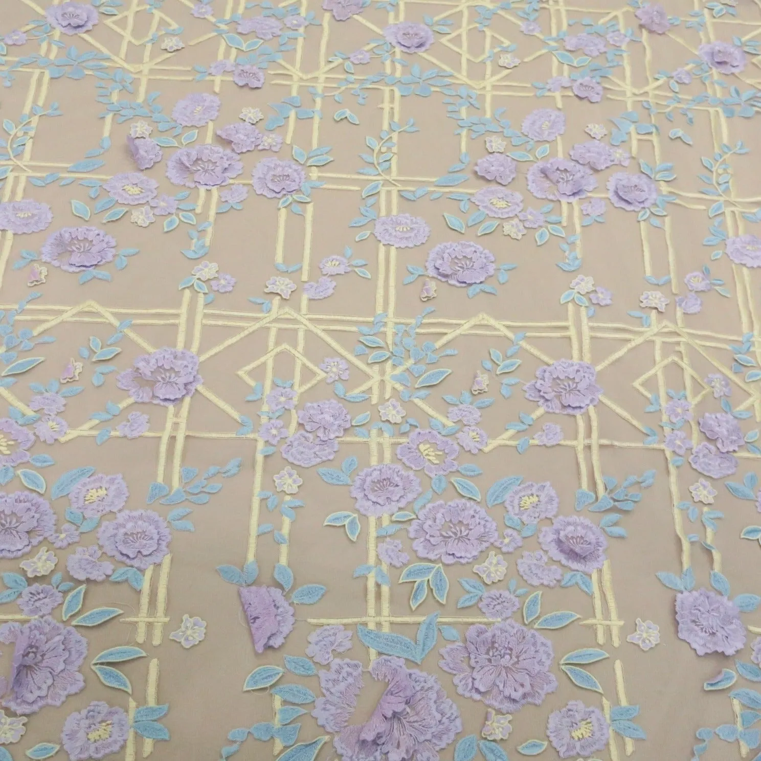 Purple and Yellow Embroidered Double Scalloped Tulle Fabric