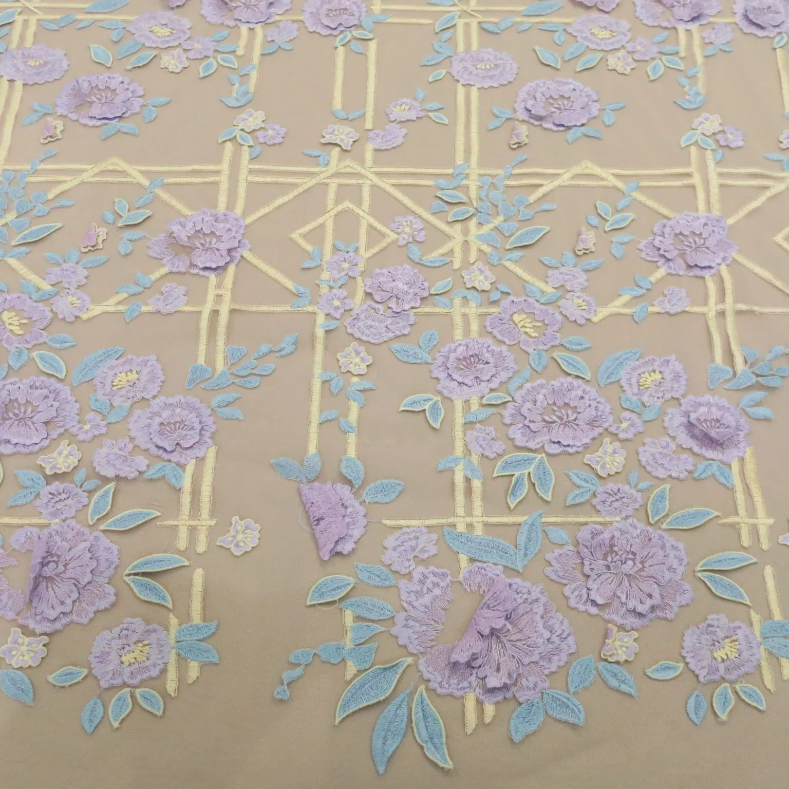 Purple and Yellow Embroidered Double Scalloped Tulle Fabric
