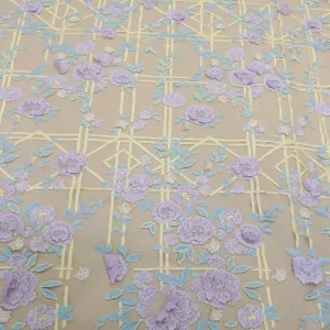 Purple and Yellow Embroidered Double Scalloped Tulle Fabric