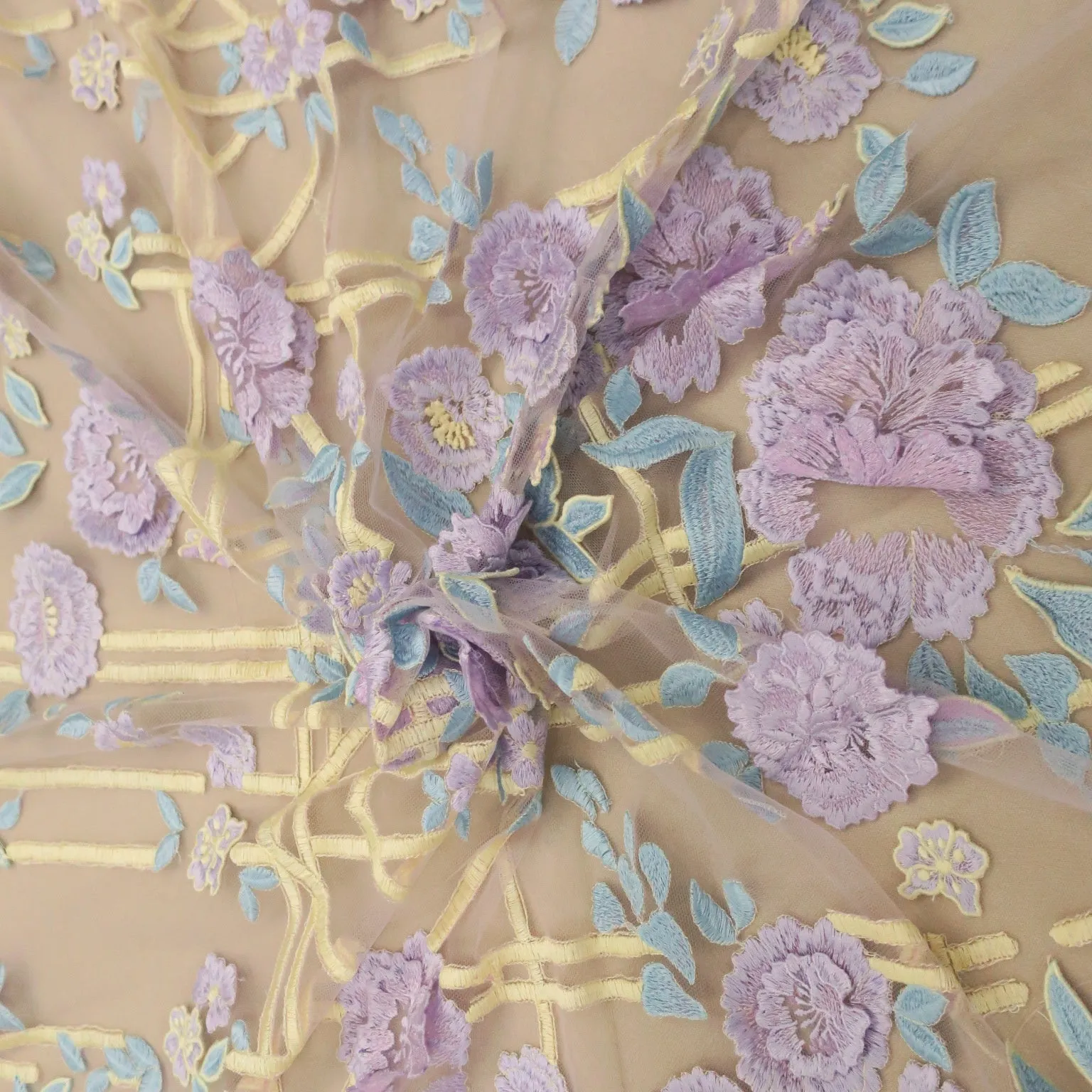 Purple and Yellow Embroidered Double Scalloped Tulle Fabric