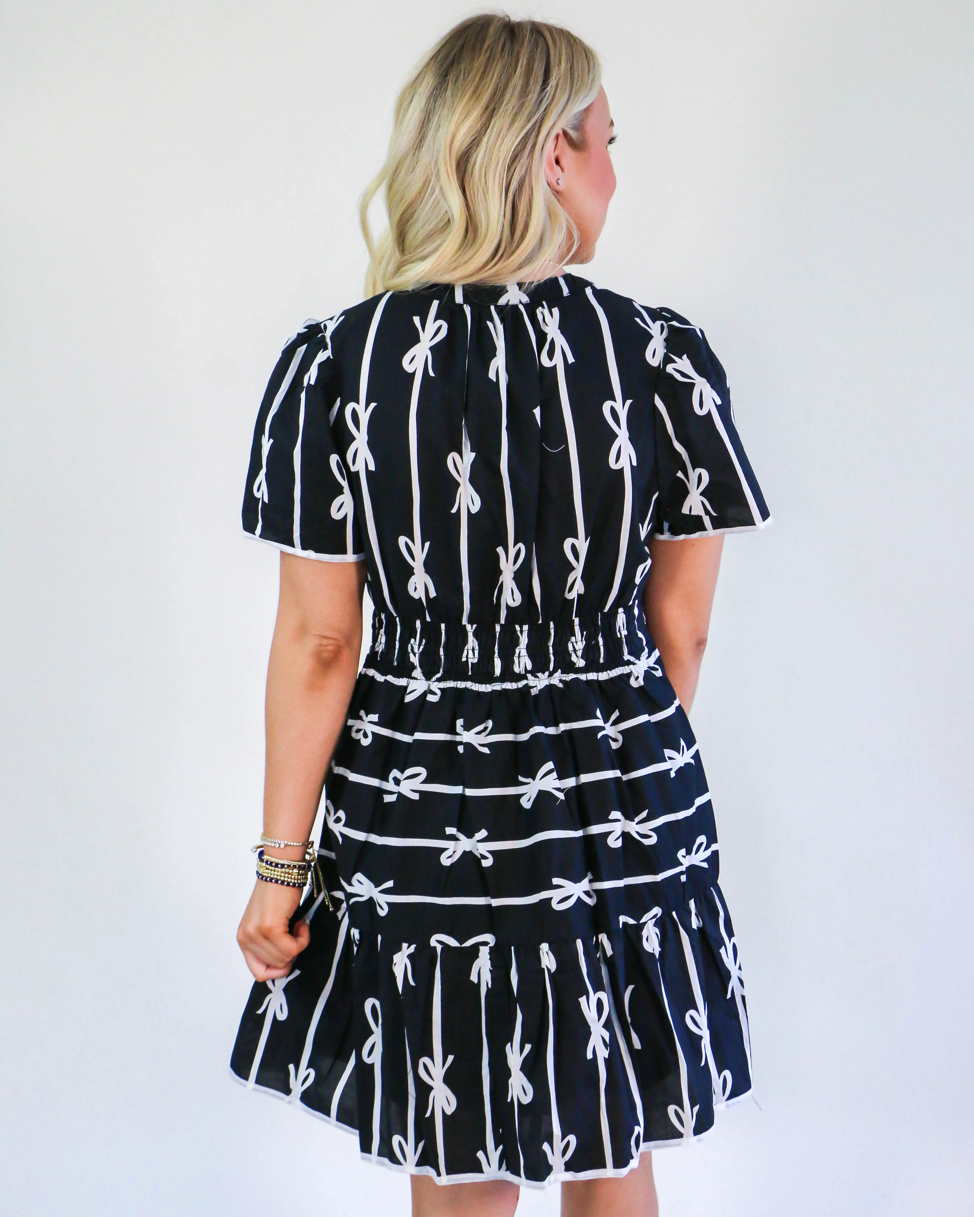 Ribbon Print Tiered Mini Dress in Black