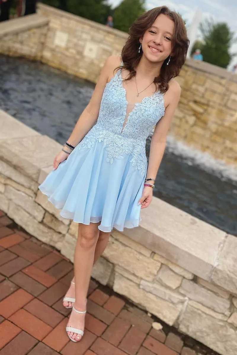 Sky Blue V Neck Tulle Short Homecoming Dresses with Appliques VK23102403
