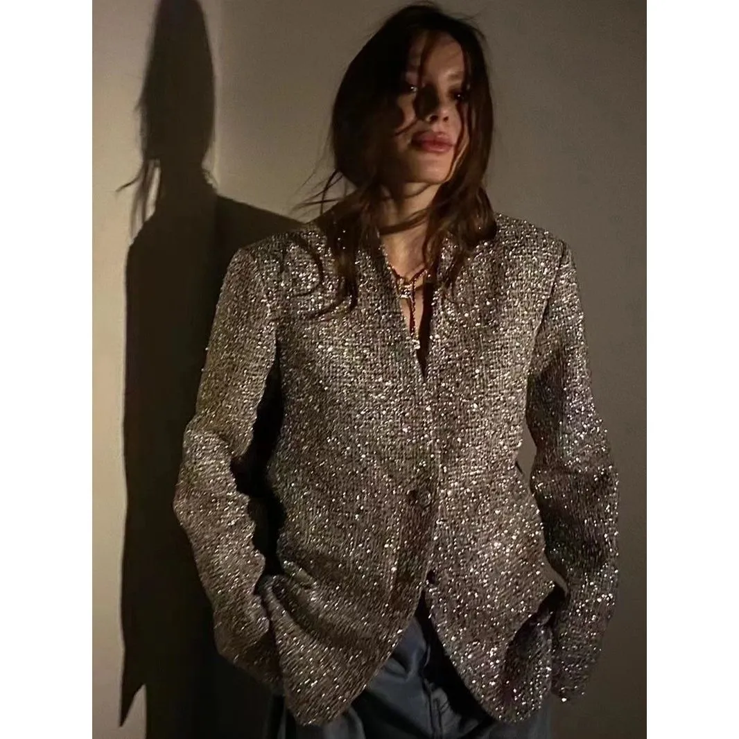 Temperament Shiny Silver Suit Jacket