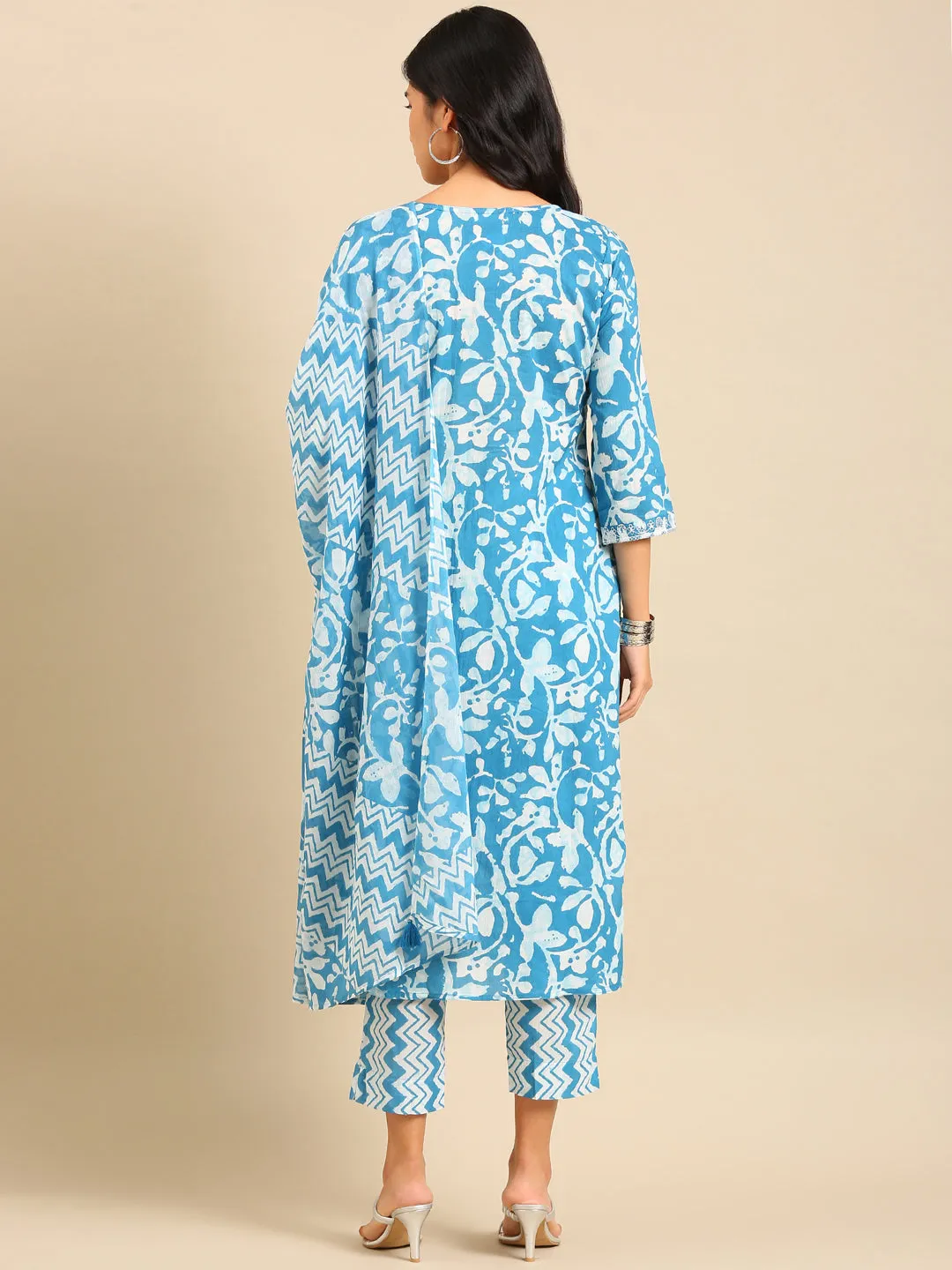 Women Abstract Blue Straight Kurta Set with Dupatta