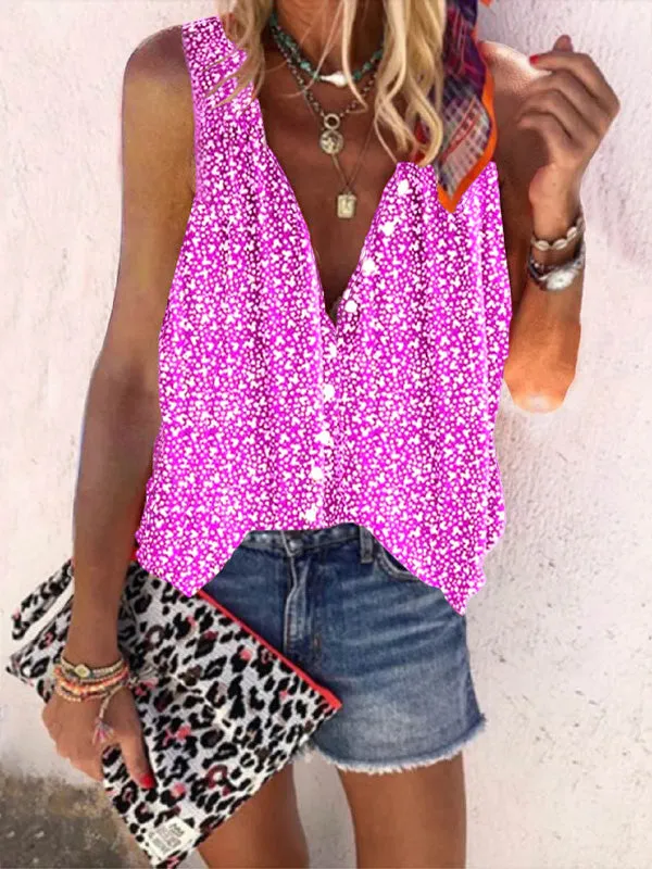 Women's Blouses Loose Print Button Sleeveless Blouse
